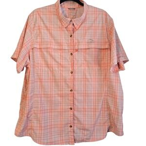 LL Bean Womens 2X Plus Orange Plaid UPF 50 Vented Short Sleeve Hiking Shirt